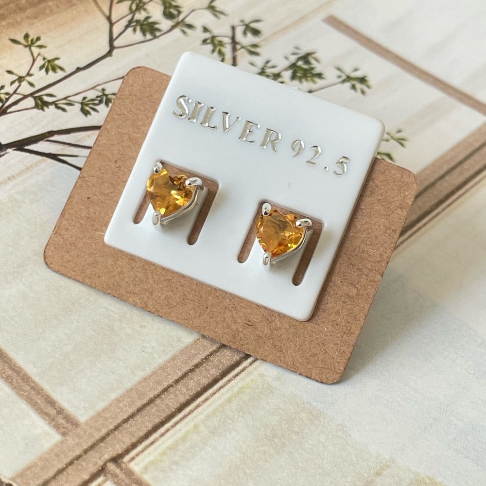 925 Sterling Silver Natural Citrine Heart Stud Earrings “VIBES”